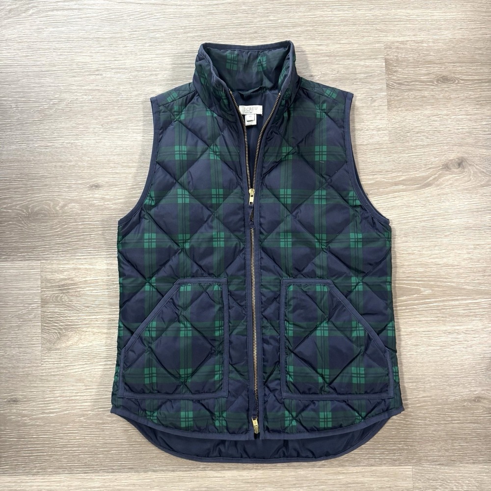 J. Crew Blue Green Tartan Plaid Quilted Puffer Down Vest Women's Size XS